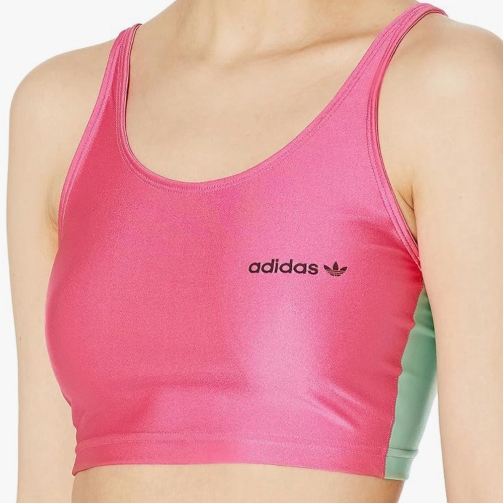 NWT adidas Originals Women's High Shine Halter Crop top Large Magenta Pink/Green